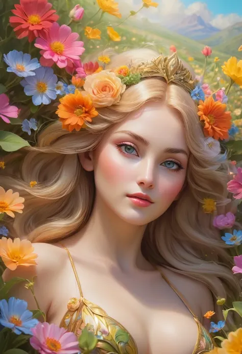 best quality,ultra-detailed,realistic,goddess Eostre laying down nude in a field of vibrant and colorful flowers,soft natural lighting,painting-like,ethereal atmosphere,sensuous curves of the goddess blended harmoniously with the gentle and delicate petals...