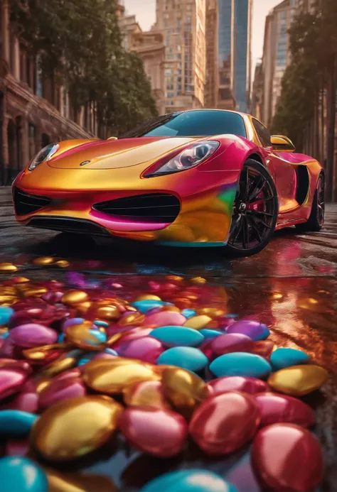 A car made of liquid metal in the style of ((Candyland)) style, hyper realism, 8k high definition, vibrant colors, sharp focus, insanely detailed