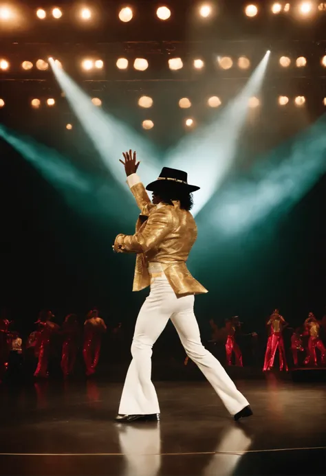 beautifully singing Michael Jackson,sparkling stage,moonwalk,dance moves of the King of Pop,breathtaking energy,electrifying performance,synchronized backup dancers,MJs iconic white glove,billowing stage smoke,laser light show,energetic crowd,360-degree vi...