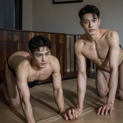 1 man, male focus, young adult, korean, black hair, undercut, grey eyes, tattoos, smirk, high detail, abs, shirtless, night time, masterpiece, high quality, 8k, manhwa style , ((all fours))
