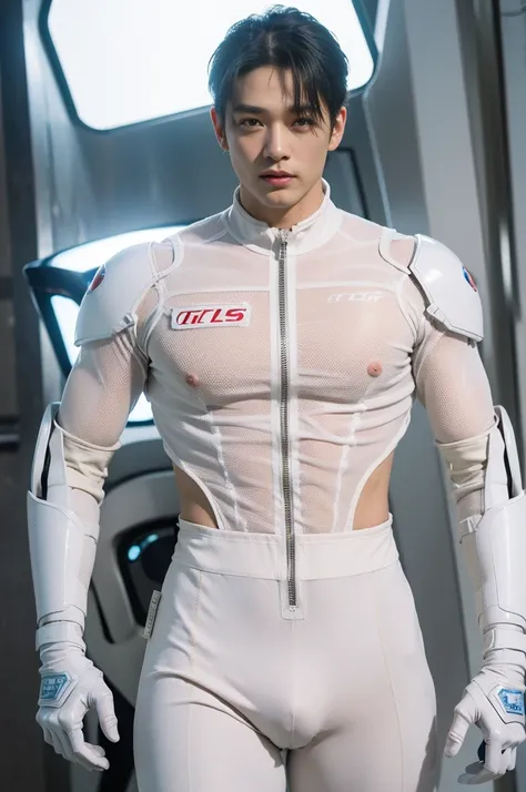 (masutepiece,High resolution,ultra - detailed:1.0),1(Boy,Robot Boy),Perfect male body,Look at the camera,Delicate eyes and delicate face,extremely details CG,Unity 8k壁纸,intricate-detail,solo person,Detailed face, (Futuristic skin-perfect white bodysuit), B...