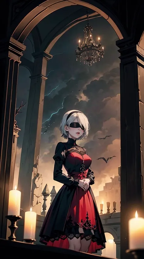 ((1girl, solo ,alone, (2B, 1girl, solo, short hair,((serious expression, austere)), long sleeves, medium breasts, standing, white hair, hairband, short hair, mole, blindfold, covered eyes, black blindfold, masterpiece))), ((solo, 1woman, pink lipstick, Ext...