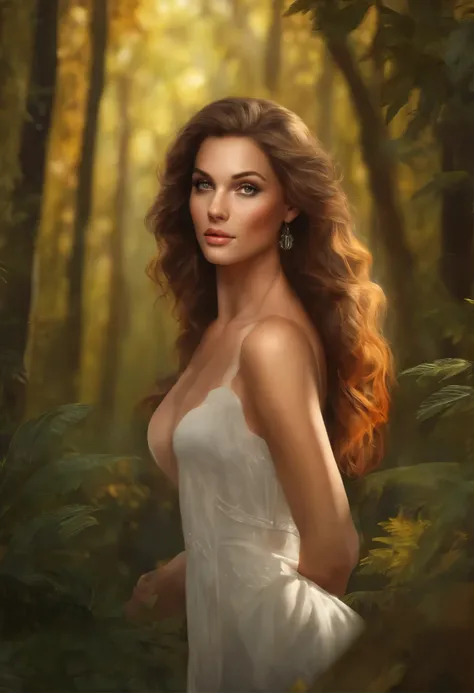 2d illustration,una chica alta,con brazos tonificados, Hybrid, orejas y cola de lobo,piel morena, cabello blanco, largo y liso,ojos de color naranja. In a forest by day,con ropa de piel de animal.