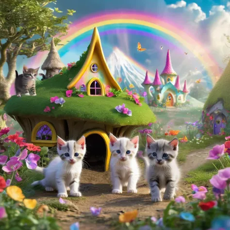 Kittens playing in a fairy village chasing and eating fairies. Rainbows in the back ground.