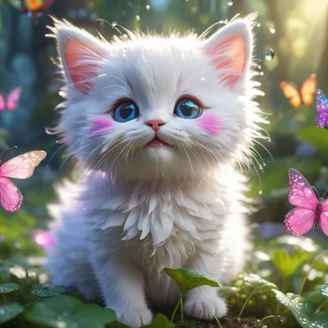 best quality,4k,8k,highres,masterpiece:1.2,ultra-detailed,realistic:1.37,Kittens playing in a fairy village,firefly-like bright twinkling lights,floating colorful butterflies,playful fairies with shimmering wings,enchanted mushroom houses,squishy marshmall...