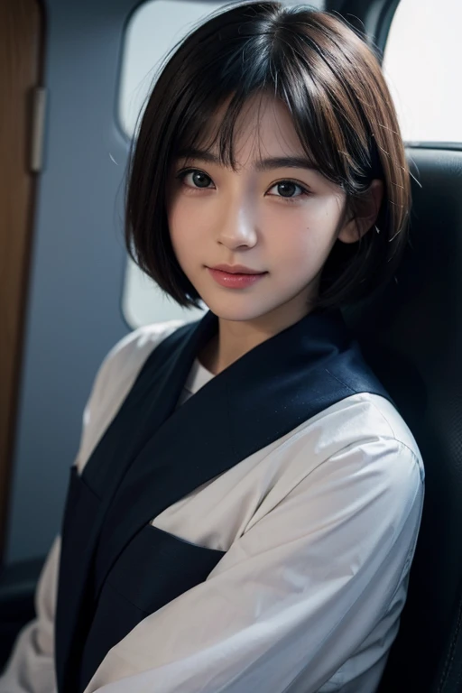 (masterpiece、highest quality、highest resolution、clear_image、Detailed details): (Sex、15 year old girl、Japanese face、small face、thin、navy blue super short bob cut hair、blue colored eyes、cute、gentle smile、soft expression、eye level shot、face directly、woman on ...