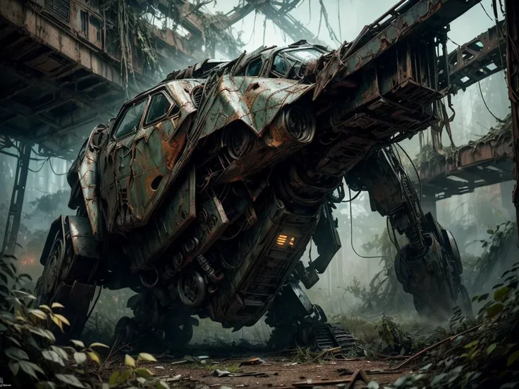 (ultra-detailed) Abandoned Mech, (realistic:1.37) rusty metal, overgrown with vines, shattered glass, twisted wreckage, haunting atmosphere, eerie silence, post-apocalyptic, (HDR) dramatic lighting, (vivid coloruted tones, (bokeh) blurred background, (conc...