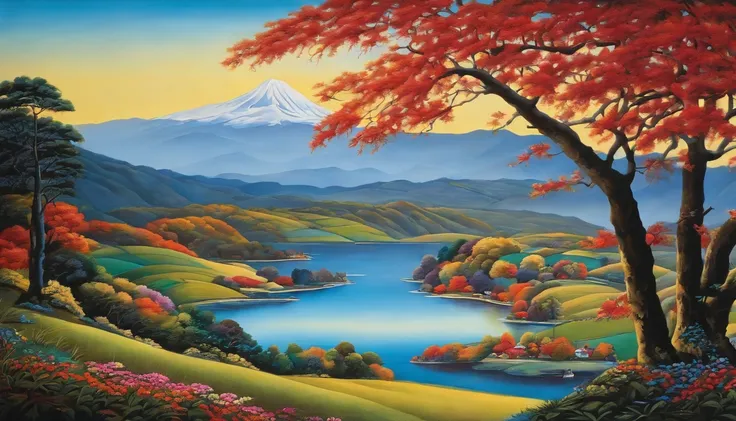 Pasted picture, Kiyoshi Yamashita, landscape painting, vivid,
