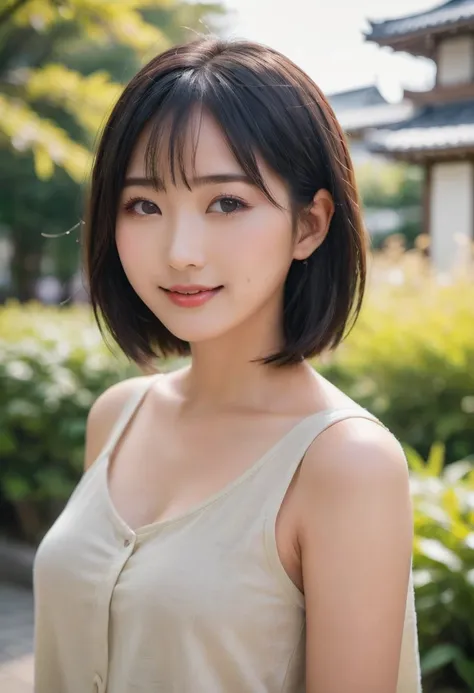 Portrait、8k、high quality、realistic photographic image、28 years old、japanese woman、Reproduces natural and realistic eyes、japanese stand、beautiful black hair、bob cut hair、light makeup、Octane firm、beautiful lighting、composition of golden ratio、laughter、everyd...