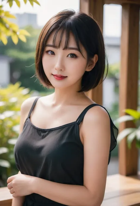 Portrait、8k、high quality、realistic photographic image、28 years old、japanese woman、Reproduces natural and realistic eyes、japanese stand、beautiful black hair、bob cut hair、light makeup、Octane firm、beautiful lighting、composition of golden ratio、laughter、everyd...