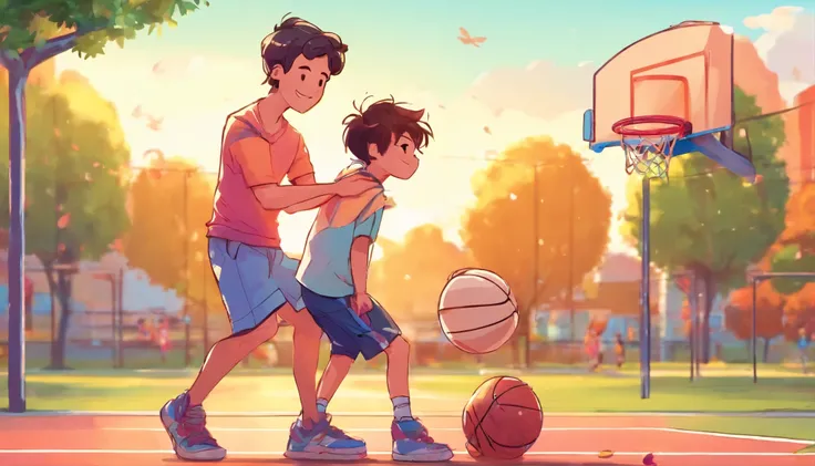 Dad and little boy playing ball on basketball court