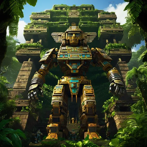 a giant mecha of an aztec god is part of a massive pyramid. the jungle has over taken the scene, figs and vines cover everything...