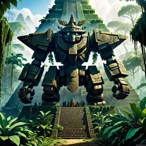 A giant mecha of an Aztec god is part of a massive pyramid. The jungle has over taken the scene, figs and vines cover everything.