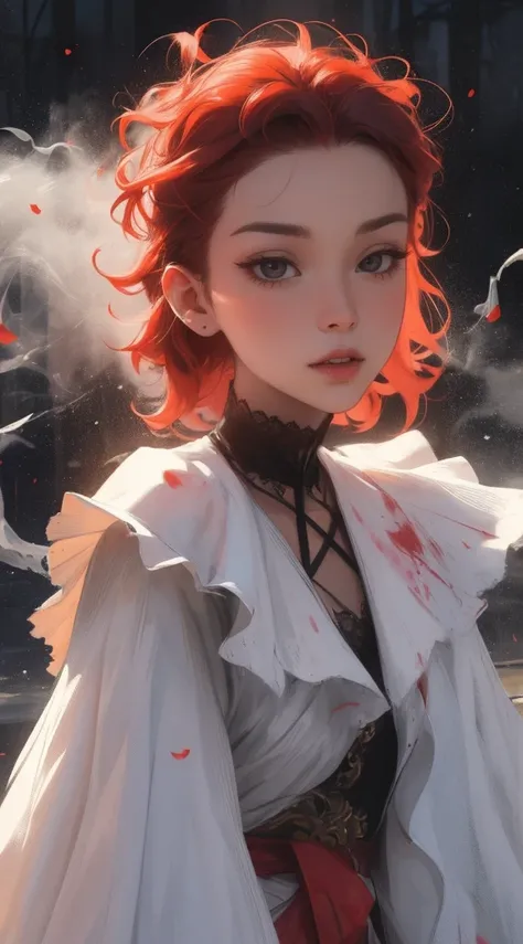 Divinity, (blood particles effect around his head,  beaucoup de vapeur effect) tatouage, maquillage, Paysage de nuit qui passe, Une belle fille avec, UHD Portrait, (High quality) (ultra details) Regarder le spectateur en tenue de ville de style hip-hop; di...