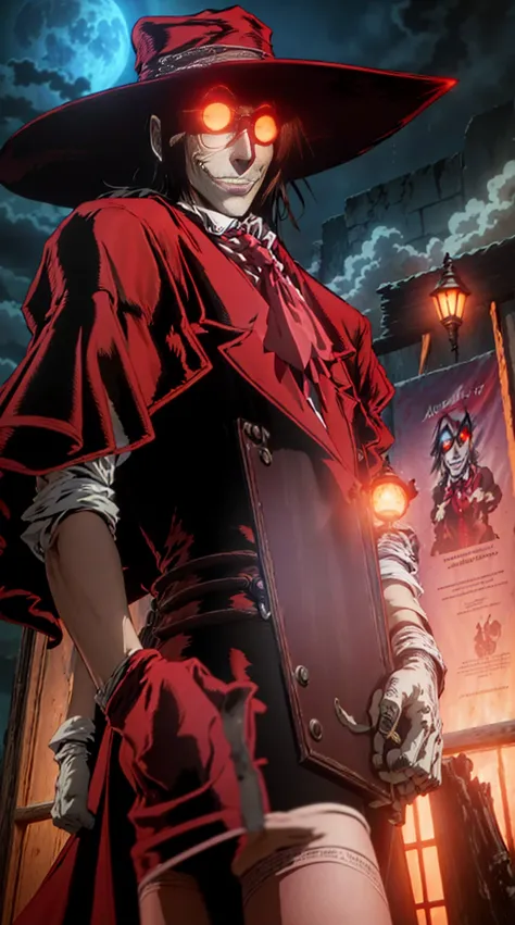 Hellsing, personagem alucard, Standing character,  sobretudo vermelho, olhos vermelhos, paisagem de noite, lua vermelha de fundo,