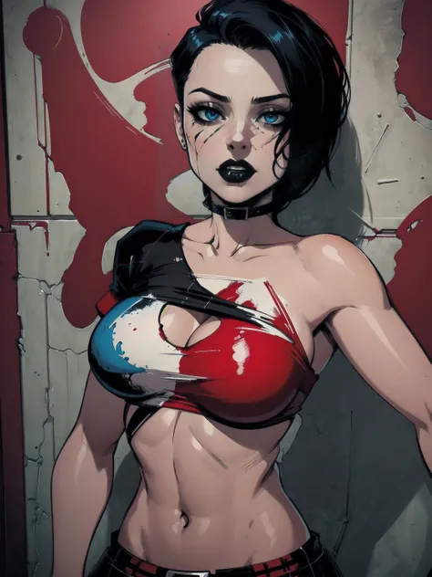 a woman with short black hair, hair on shoulders,  wearing a red t-shirt  and plaid skirt, blue eyes, zombie art, gothic art, cute aesthetic with vibe, toon aesthetic, wearing red costume, wearing gothic accessories, look like Cassie Hack, upper body, horr...