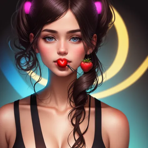 close-up beautiful young punk rock woman very detailed and sharp, with a strawberry in her mouth, in color, retro neon synth wave with letters, illuminating the face and body with magenta neon lights subtly, black background, very detailed, 32k, sharp focu...