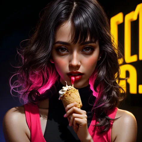 closeup beautiful young very detailed and sharp punk rock woman, passing her tongue in a tasty ice cream of various colors, in color, retro neon synth wave with letters, illuminating the face and body with magenta neon lights subtly, black background, very...