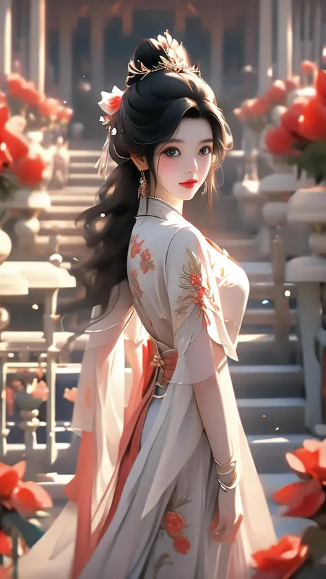 High quality image 8k resolution full camera HDR lens aperture f2.4 wide original f1.8 see full panorama a beautiful asian girl with long smooth black hair shooting fashion collections in a lively space behind the girls back are beautiful pale red roses