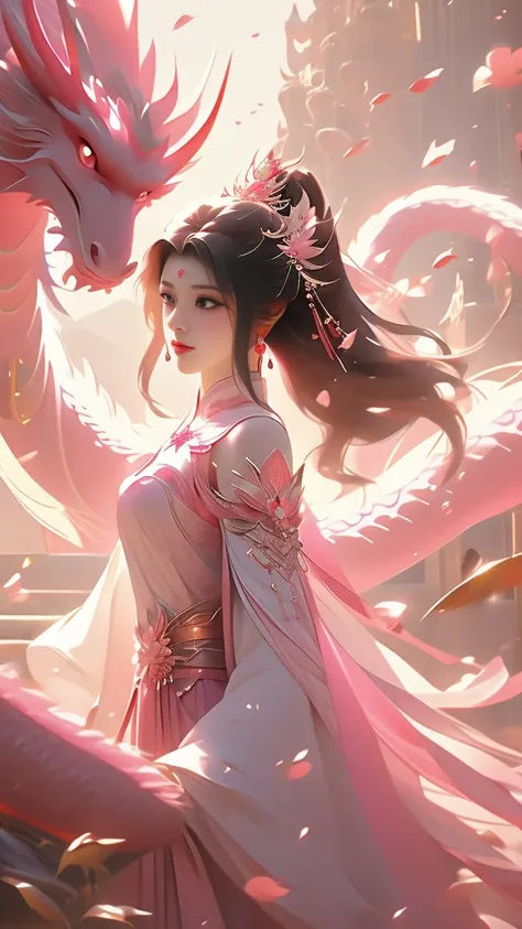 a woman in a pink dress standing next to a pink dragon, chinese fantasy, beautiful fantasy art, xianxia fantasy, very beautiful ...