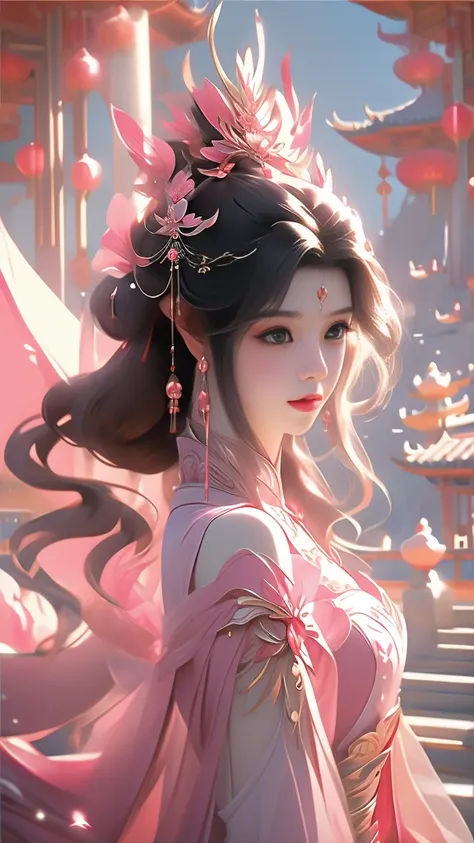 a woman in a pink dress standing next to a pink dragon, chinese fantasy, beautiful fantasy art, xianxia fantasy, very beautiful ...