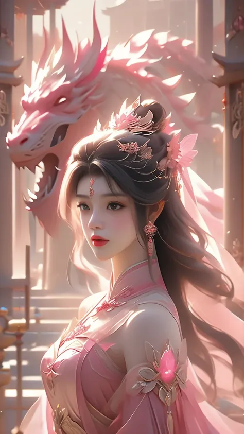 a woman in a pink dress standing next to a pink dragon, chinese fantasy, beautiful fantasy art, xianxia fantasy, very beautiful fantasy art, beautiful digital artwork, a beautiful fantasy empress, digital fantasy art ), amazing fantasy art, fantasy beautif...