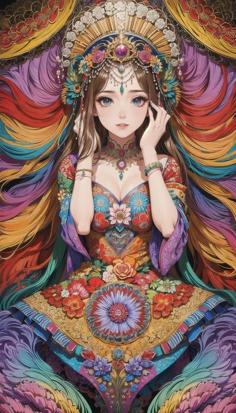 masterpiece,top quality,best quality,official art,beautiful and aesthetic,(1girl:1.2),extremely detailed,(fractal art:1.1),colorful,flowers,highest detailed,zentangle,abstract background,shiny skin,many colors,feathers,