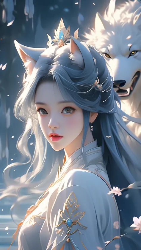 anime girl with long hair and a white shirt and a blue wolf, alice x. zhang, beautiful character painting, fantasy art style, by...