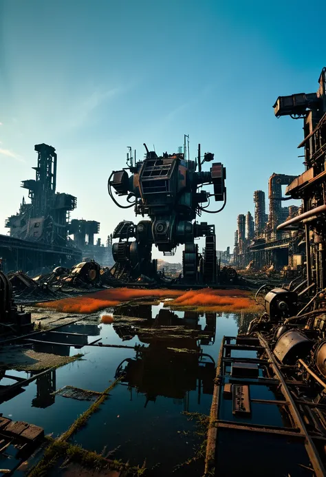 Super professional movie landscape photos，The photo is soaked in engine oil.，In a ruined city covered with vegetatiobandoned mech stands alone in the middle of an oil-filled pond。Ruined city restored after nuclear blast，The outlines of the oppressive build...