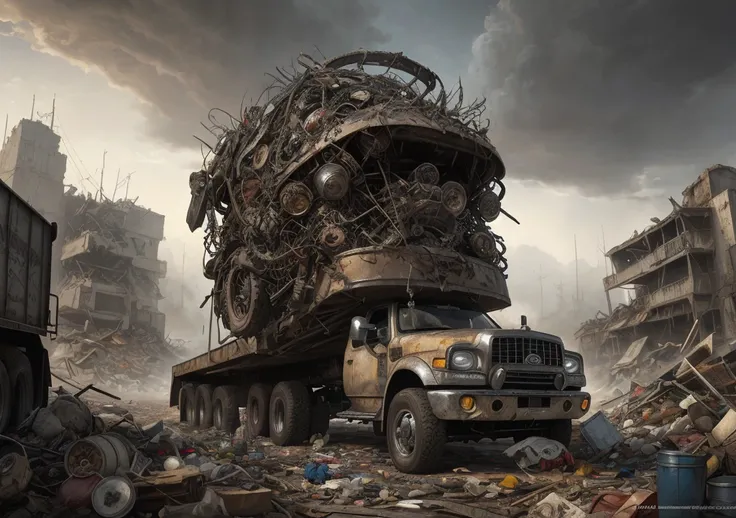 there is a large truck that is in the middle of a pile of junk, highly detailed surrealist art, insanely highly detailed artwork, highly detailed digital artwork, apocalyptic art, alejandro burdisio art, 4k highly detailed digital art, thomas veyrat intric...