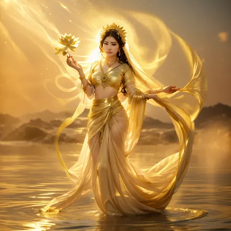 high quality portrait photograph,a beautiful woman wearing a flowing fabric, standing on a beautiful lotus that is emerging from the ocean, nude , no wear , she has beautiful chest , hand in blessing, catching golden dust float, One hand holds a lotus flow...