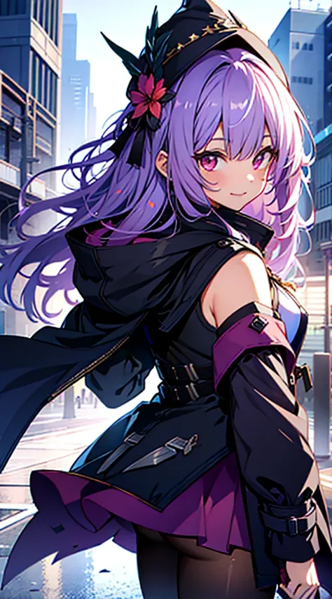 1girll，Red eyes， White color blouse， Gorgeous Hair in Long Purple， looking at viewert， light particules， ssmile， starrysky， Wizards Hat， sleeveless， bare shoulders​， By bangs，（ She wears a black hooded trench coat，There are fluff on it）， tilt of the head，P...