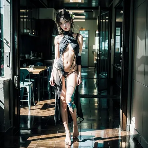 Abandoned schools，Resident Evil，Sexy standing pose，(Full body portrait 1:1），Slender and slender figure，Skinny，As thin as a whipping post，Smaller bust，The barefoot，(Random nudity all over the body)，exhibitionists，(Random exposure of genitals)，face to the vi...