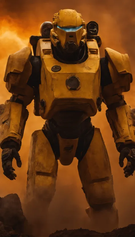 A polished yellow ceramic exoskeleton-clad juggernaut with heavy weapons, showcasing flying abilities, hovers over a post-apocalyptic battlefield. Other juggernauts emit fire and plumes of smoke against a backdrop of dark orange-red skies. The scene is cap...