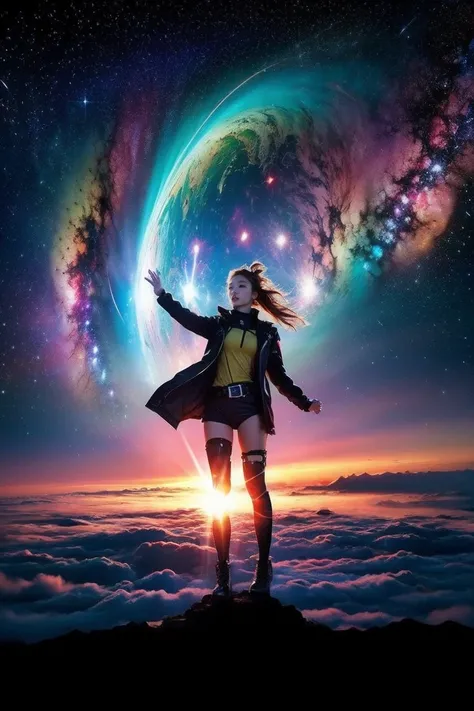 (alone) inconceivable and spectacular an emergency scene of a cloud figure Sophie Turner in a cosmic cloud, Fractal Nebula, cosmic, sky, Vibrant and vivid entities, whirlwind, spinning, unrealistic, high contrast, symbolism, magic, mystery的な, mystery, surr...