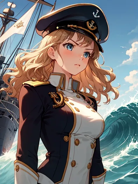 (masterpiece, best quality:1.2), (beautiful, perfect, delicate, intricate:1.1), 1 girl, adult woman, light blue eyes, copper half-up half-down hairstyle, solo, upper body, looking down, detailed background, ship captain, serious, captain uniform, captain h...