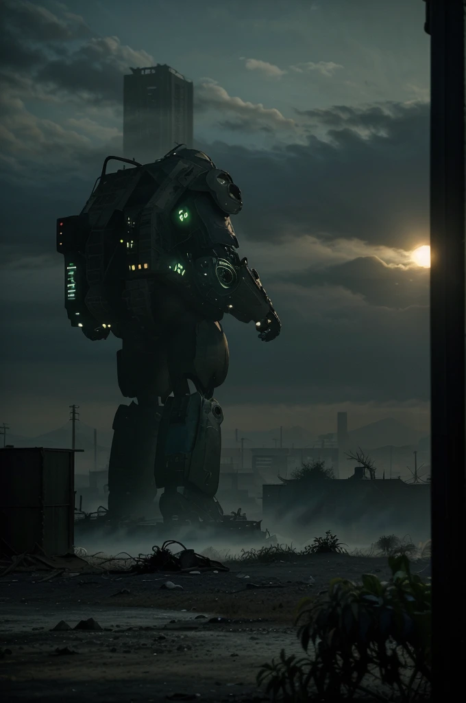 An abandoned mech, rusted and covered in vines, towering over a desolate cityscape. The mechs worn-out exterior shows intricate details of the mechanical parts and worn paint. The city below is in ruins, with crumbling buildings and overgrown vegetation. T...