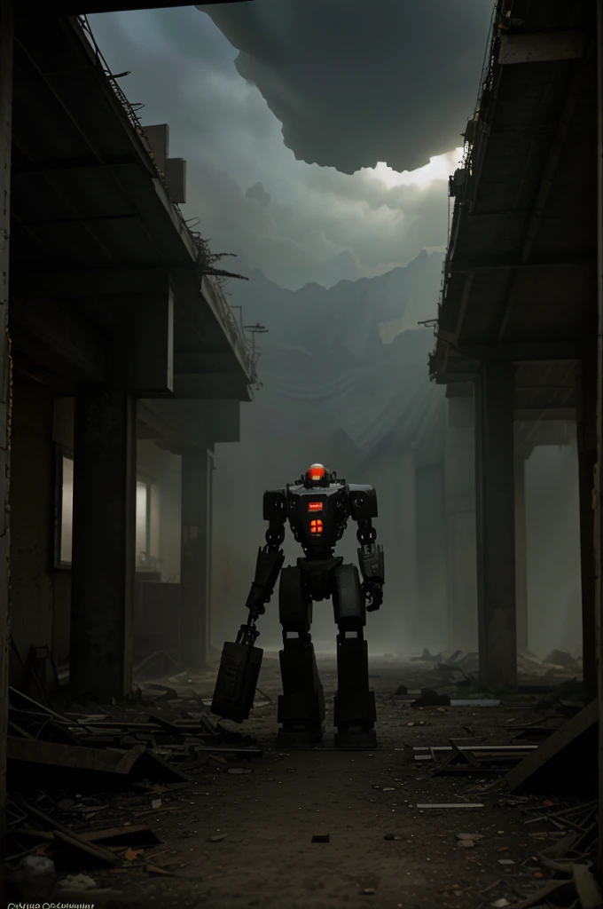 An abandoned mech, rusted and covered in vines, towering over a desolate cityscape. The mechs worn-out exterior shows intricate details of the mechanical parts and worn paint. The city below is in ruins, with crumbling buildings and overgrown vegetation. T...