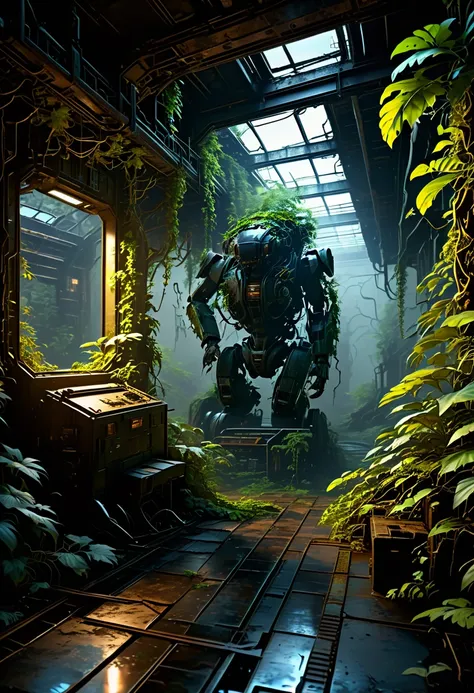 An abandoned mech,rusty,overgrown with vines,fading paint,dilapidated condition,ominous aura,dark and eerie,post-apocalyptic scenery,wildlife reclaiming the space,detail excellence,masterpiece:1.2,ultra-detailed,realistic:1.37,HDR,UHD,studio lighting,sharp...