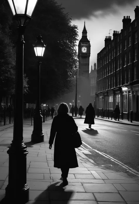 fotorealistisch, Noir ,detailliert,  Dark setting on the streets of London, Frau, rothaarig, spaziert unter einer Laterne, In the background of the picture a demon stands and watches the woman