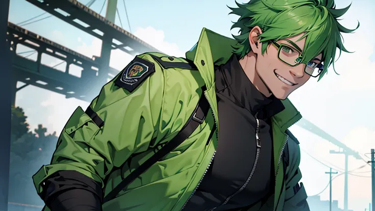 green hair, bespectacled, smile, male, one person, Tactical Jacket, anime, UHD, 8k