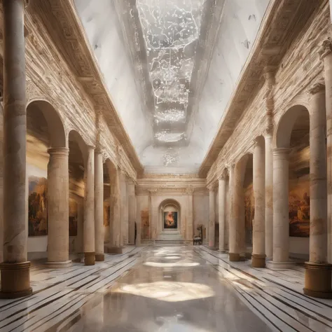 a lively, bustling art museum, beautiful detailed sculptures, Renaissance and Impressionist paintings, intricate mosaic floors, grand marble columns, ancient Egyptian artifacts, famous masterpieces, natural light streaming through skylights, vibrant colors...