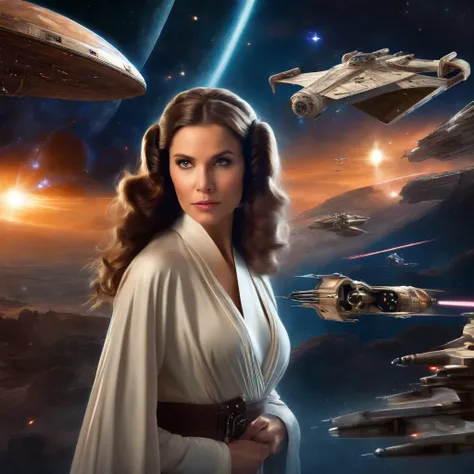 a girl with long hair dressed as Princess Leia, surrounded by stars and spaceships, using oil painting technique, best quality, ultra-detailed, realistic style, vibrant colors, with studio lighting, lightsabers, Darth Vader in the background, epic battle s...