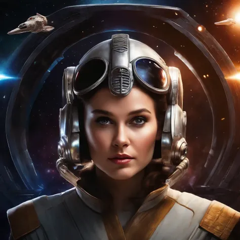 a girl with long hair dressed as Princess Leia, surrounded by stars and spaceships, using oil painting technique, best quality, ultra-detailed, realistic style, vibrant colors, with studio lighting, lightsabers, Darth Vader in the background, epic battle s...