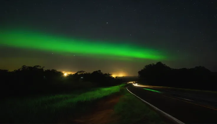 Create an image of a shooting star showing green light. Shining clearly in the dark sky and the light of other stars twinkled,Looking through the sky,On the side of the road, a sugarcane truck passed by.,Electric poles,street light,Very high resolution