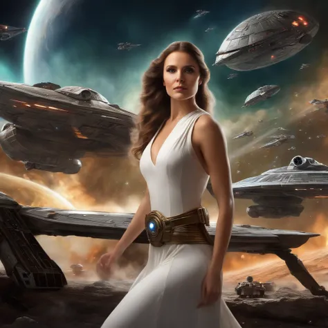 a girl with long hair dressed as Princess Leia, surrounded by stars and spaceships, using oil painting technique, best quality, ultra-detailed, realistic style, vibrant colors, with studio lighting, lightsabers, Darth Vader in the background, epic battle s...