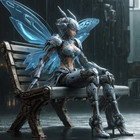 high resolution, high quality, masterpiece. cybernetic water fairy with vast eyes, seated on a bench expressing sadness amidst a...