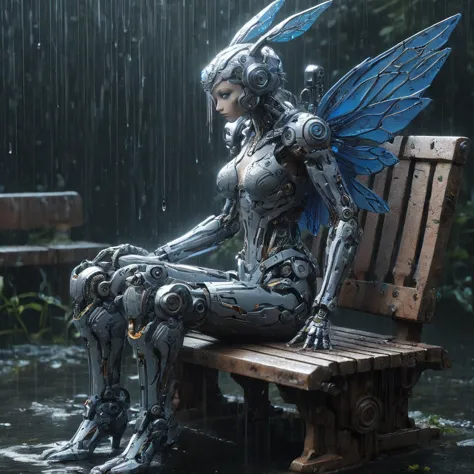 high resolution, high quality, masterpiece. cybernetic water fairy with vast eyes, seated on a bench expressing sadness amidst a...