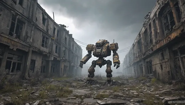 (best quality, ultra detailed, realistic, abandoned mech, post-apocalyptic:2.2), ruins, overgrown, damaged, desert, heavy machin...