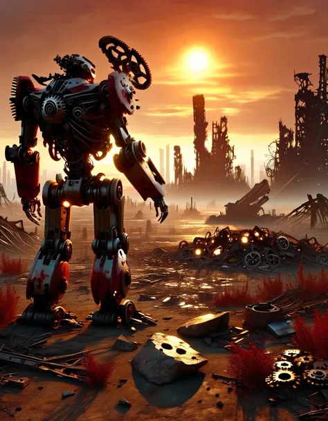 (full-body shot)，(center)，on the desolate wasteland，The afterglow of the setting sun dyes the fragmented skyline red。The once glorious city is now reduced to dust，Only ruins and overgrown wasteland remain。in this desolate landscape，(A lone broken and aband...